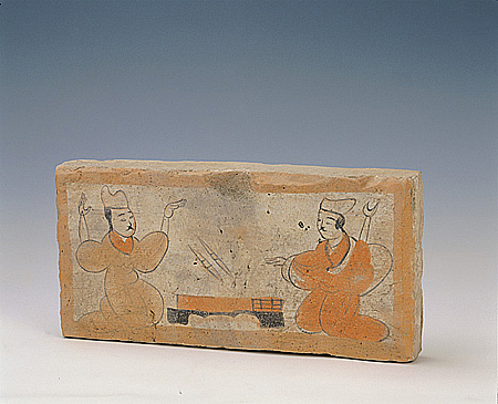 Painted pictorial brick with scene of dice game