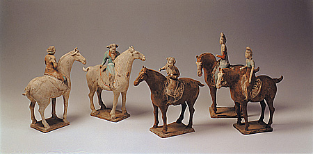 Painted pottery figures of polo players (replica)