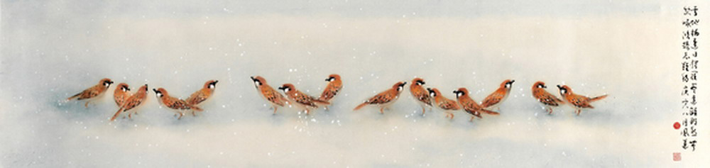 Sparrows in snow (section)