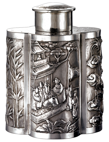 Silver Tea Caddy with Prunus, Bamboo, Dragon and Figurative Motif