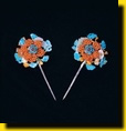 Pair of Hairpins with Plum Blossoms in Coral Beads, Amber, Jade and Kingfisher Inlay