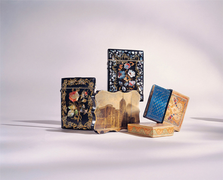 Papier Mache Card Cases with Painted and Inlaid Decoration