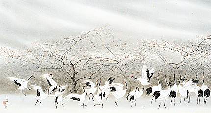 Cranes frolicking amidst snow and plum blossoms