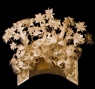 Silver floral comb decorated with paired phoenix motifs of the Baijin Miao people