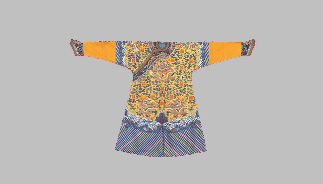 Bright yellow lined male dragon robe with kesi-tapestry gold dragon, bat, cloud and Double Happiness motifs 