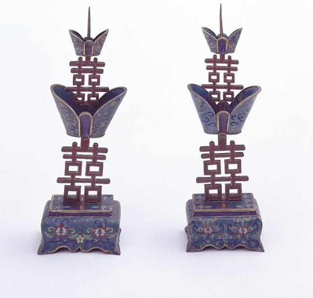  Pair of cloisonné candleholders with Double Happiness symbols 