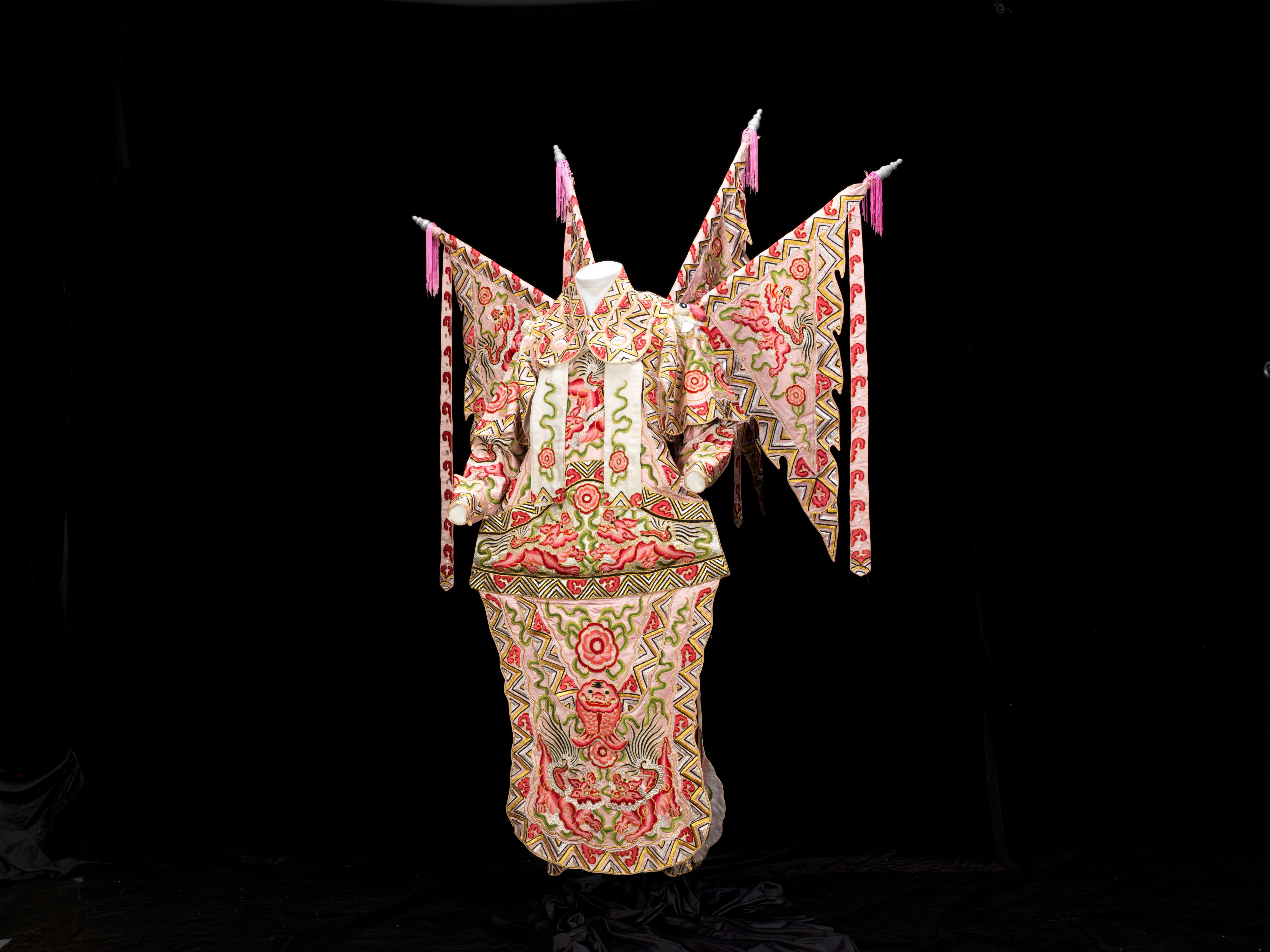 Pink grand armour embroidered with unicorn motifs and martial flag